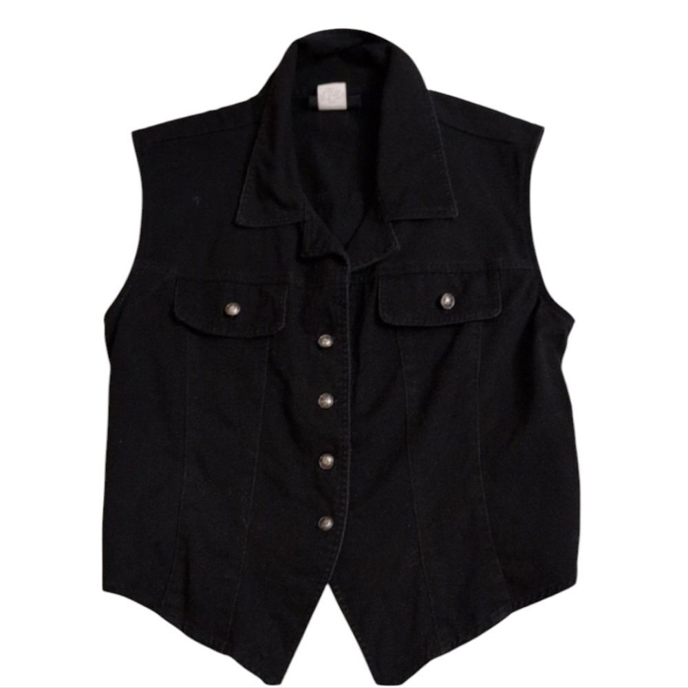 Vintage ROUGH RIDER CIRCLE T Jean VEST Black Denim Western Wear Medium